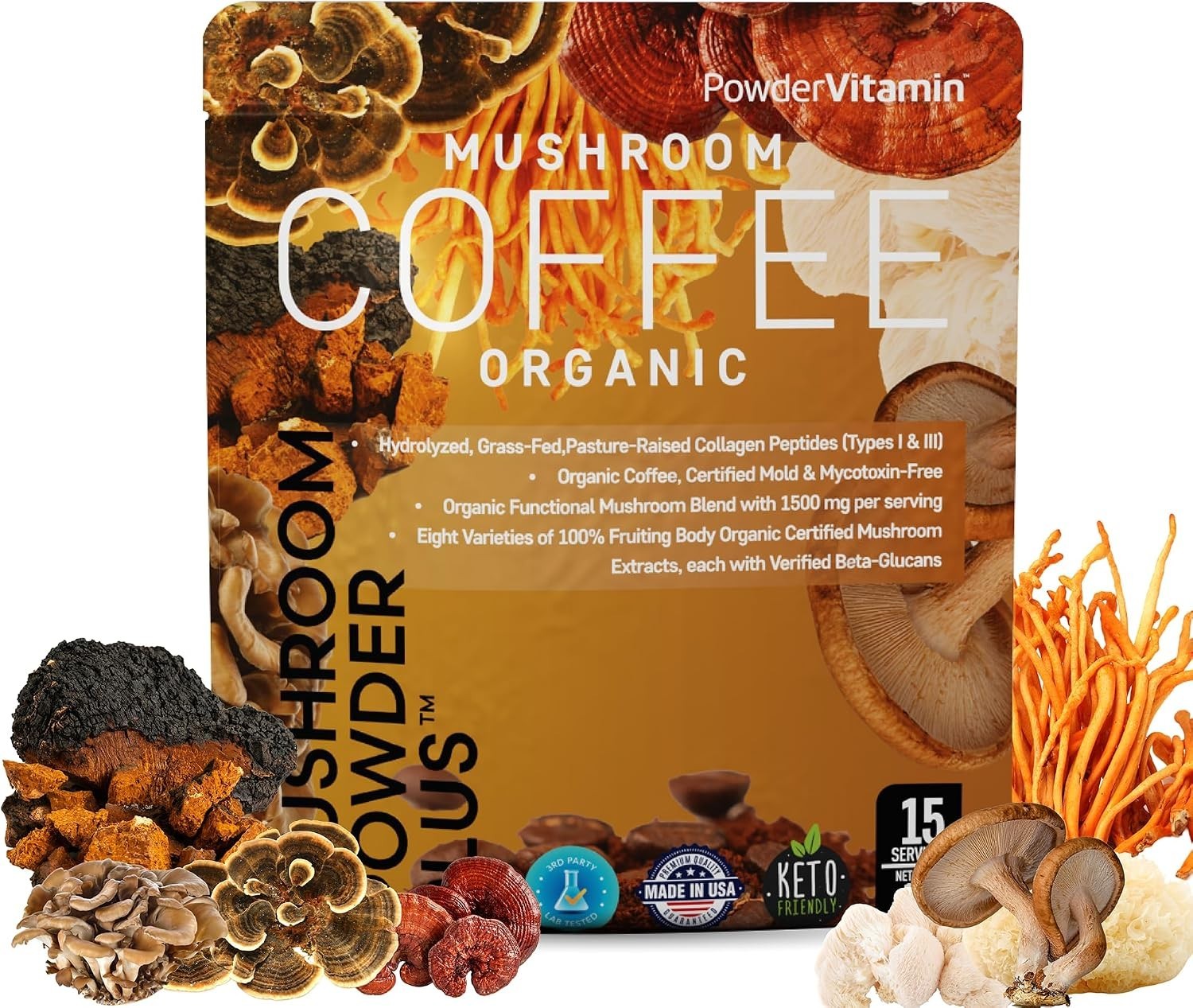 PowderVitamin Organic Mushroom Coffee Certified Mold & Mycotoxin-Free GrassFed