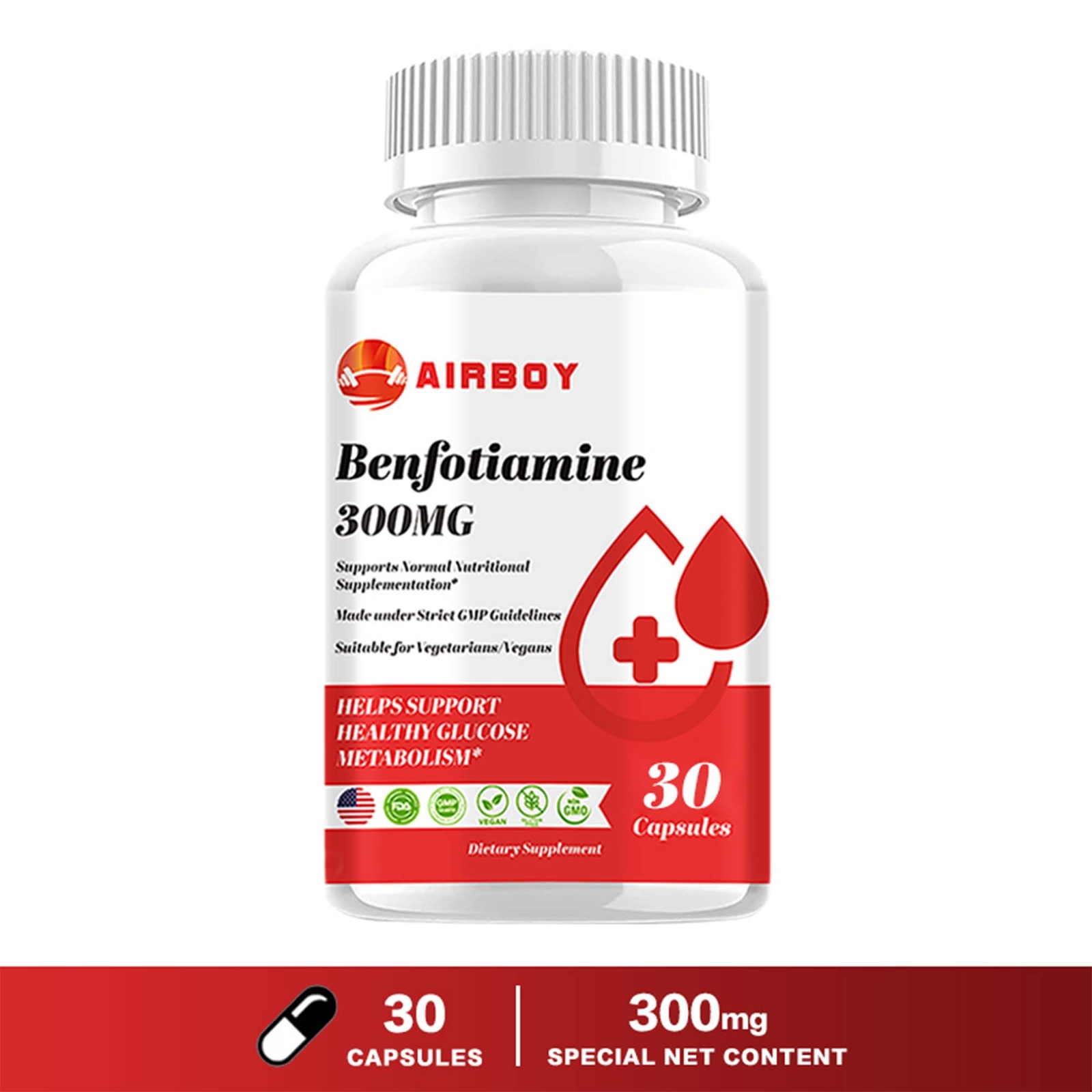 Benfotiamine Caps 300mg – Supports Blood Sugar, Non-GMO,Gluten-Free – L-lecucine