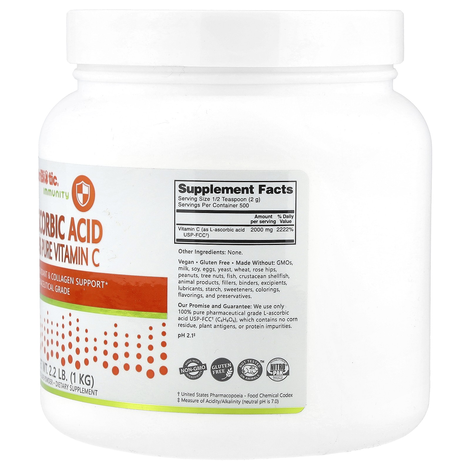 NutriBiotic Ascorbic Acid Crystalline Powder 2 2 lbs 1 kg Egg-Free, Gluten-Free,