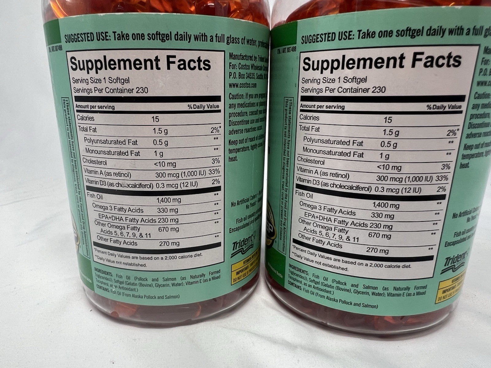 Kirkland Signature Wild Alaskan Fish Oil 1400mg 230 (2pack) 460 Softgels 2 botls