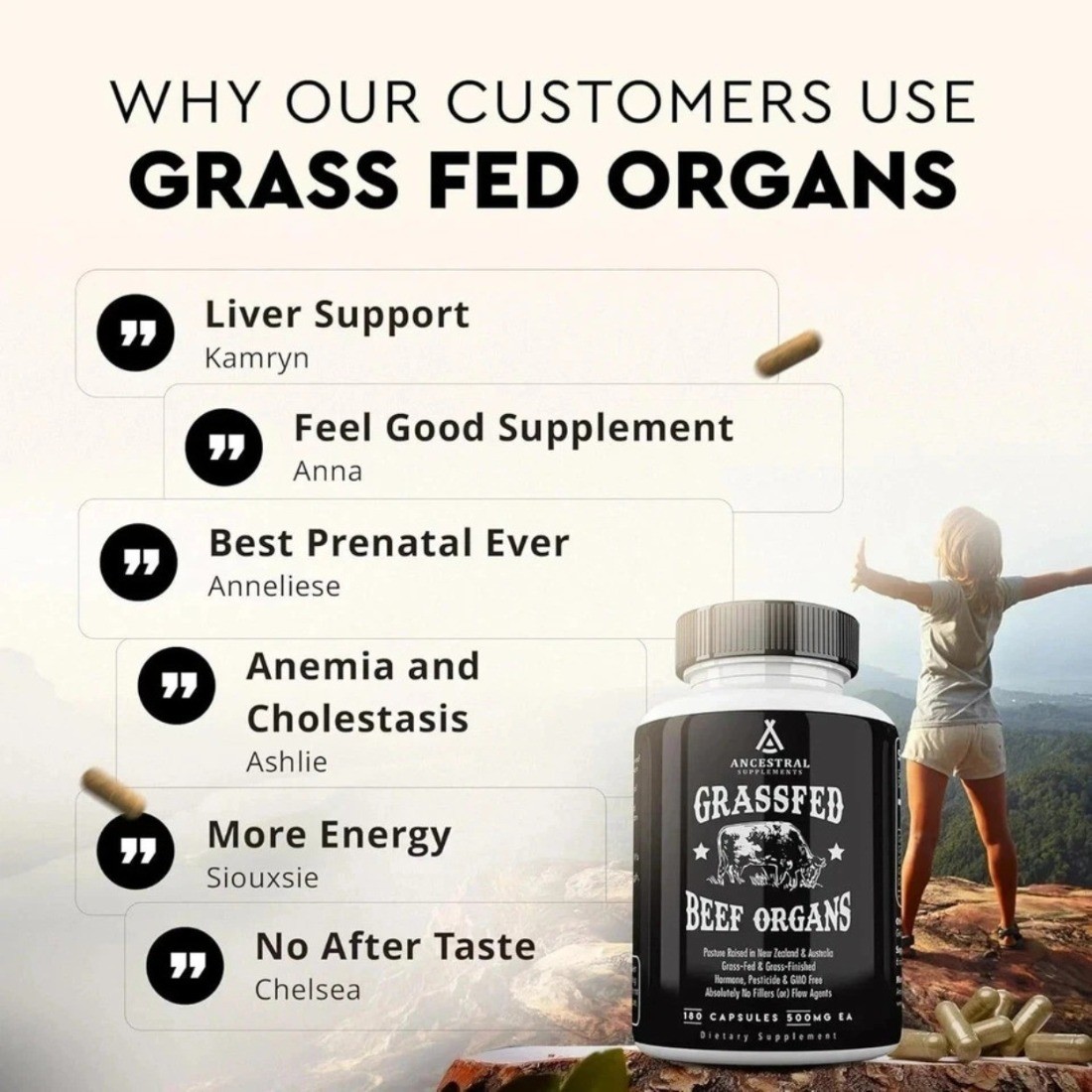 Ancestral Supplements Grass Fed Beef Organ 180 Capsules Supplement – Non-GMO
