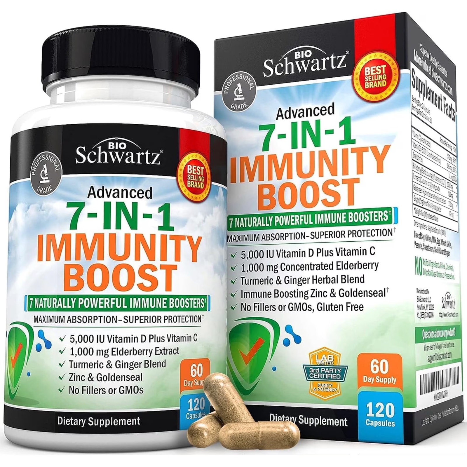 7-in-1 Immune Support with Zinc Vitamin C D & Elderberry 120 Capsule