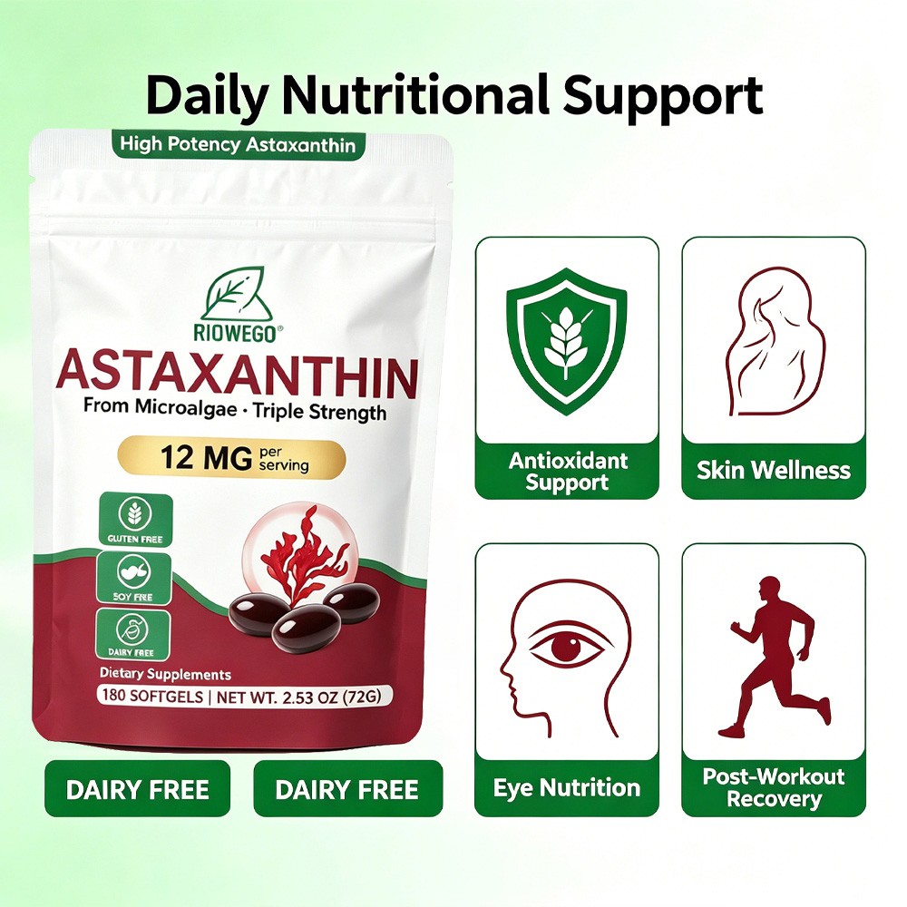 12mg Triple Strength Astaxanthin 180 Softgels, Microalgae Antioxidant Supplement
