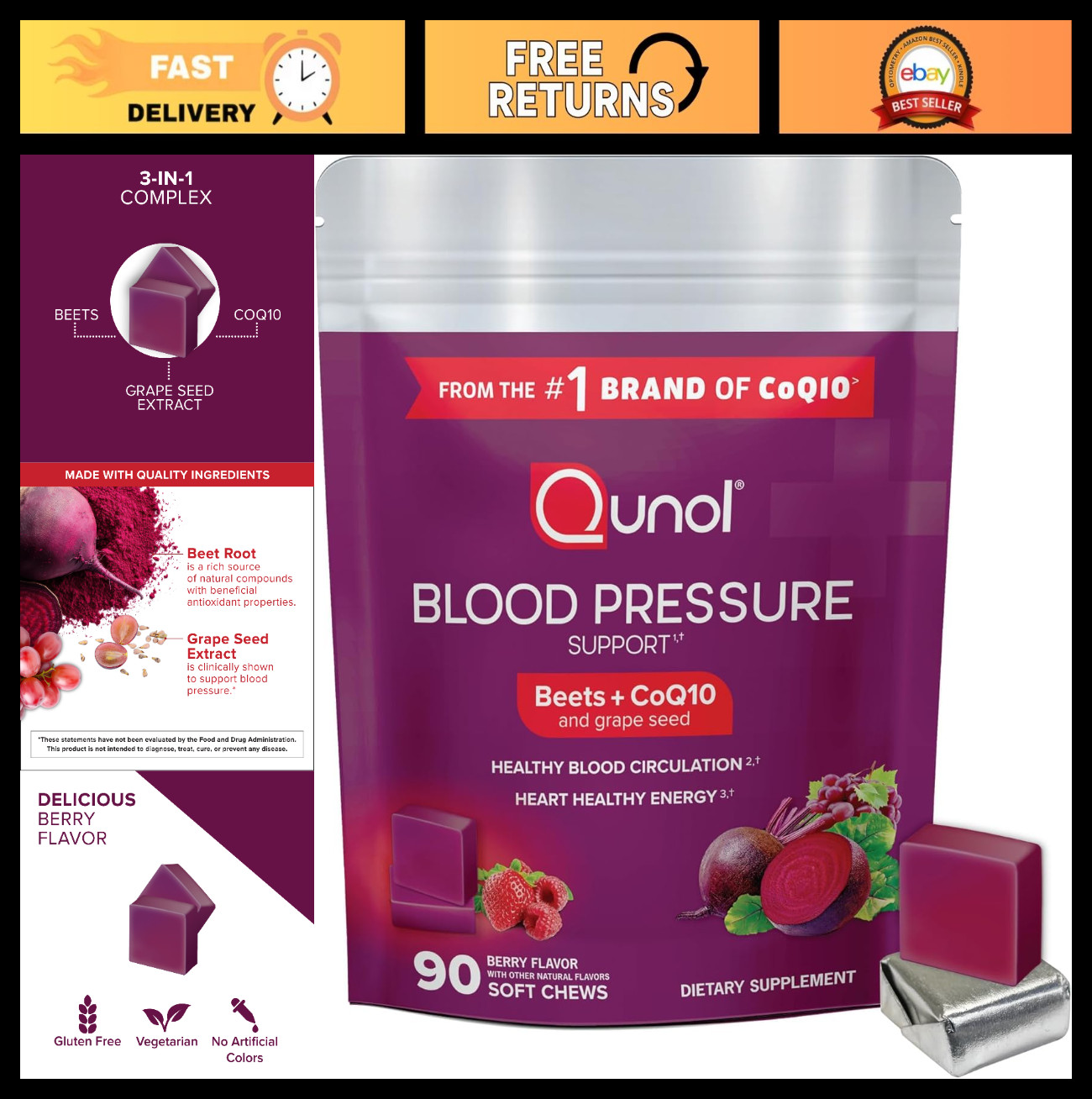 Beet Chews for Blood Pressure Support – 3-in-1 CoQ10 & Grape Seed Extract, 90 Ch