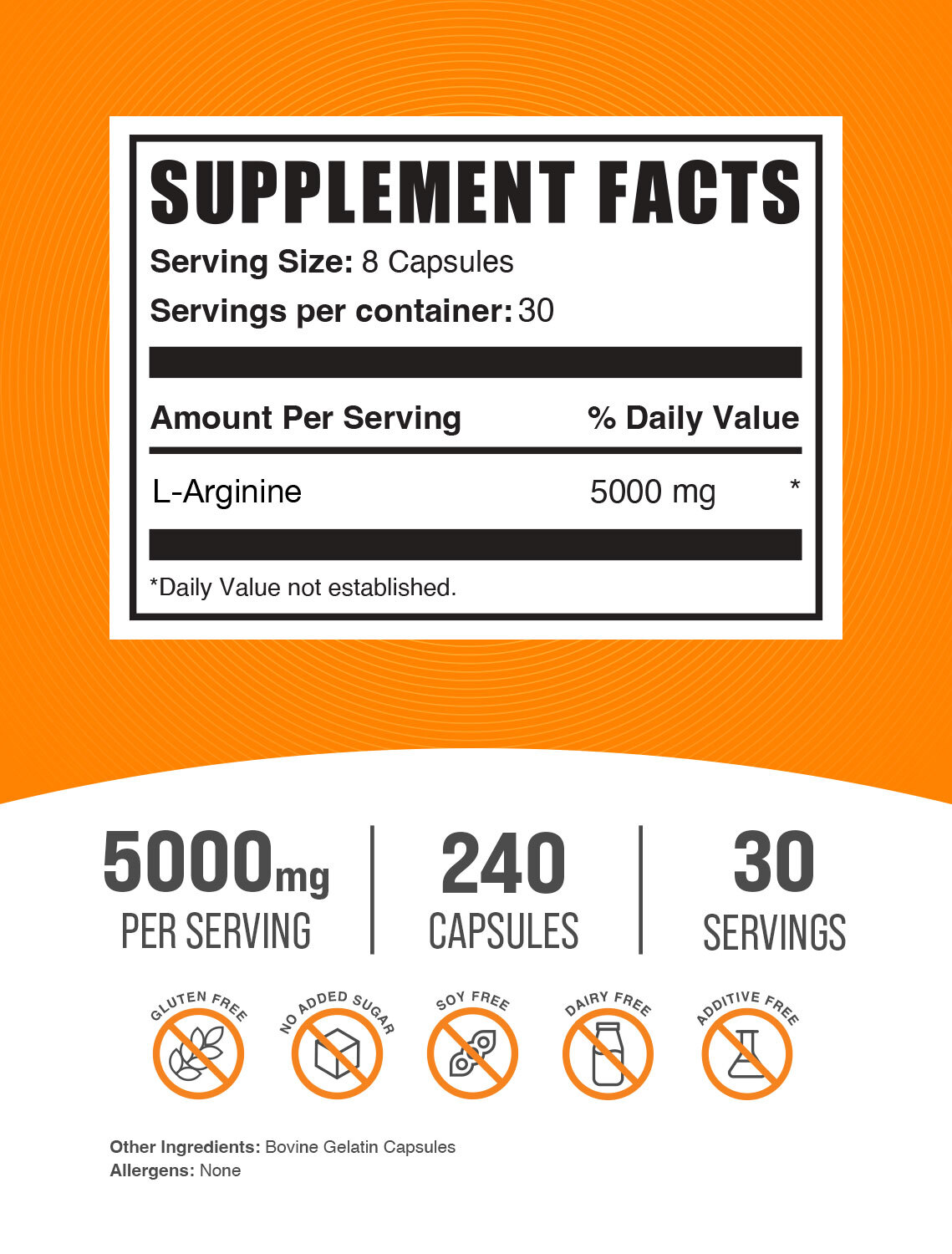 BulkSupplements L-Arginine 240 Capsules – 5000 mg Per Serving