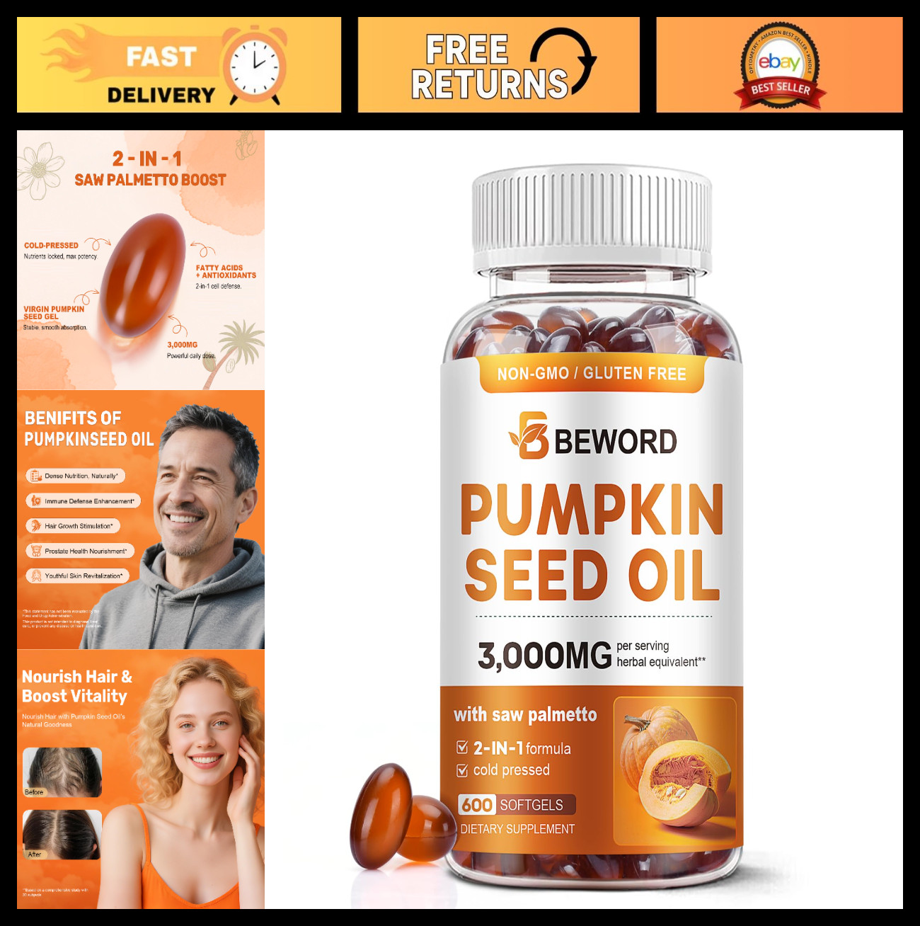 Pumpkin Seed Oil & Saw Palmetto Softgels 3000mg – 600 Count | Cold-Pressed, Non-