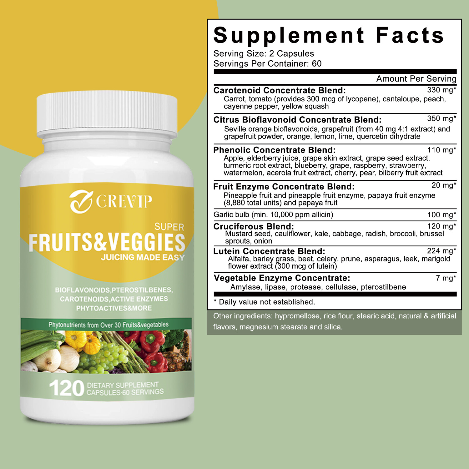 120pcs Fruits & Veggies – Organic Super Greens, Promote Energy, Digestive Health