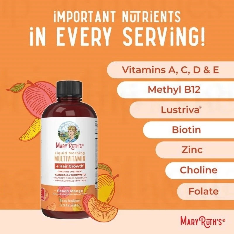 Mary Ruth’s Liquid Morning Multivitamin + Hair Growth – Peach Mango – 15 fl oz..
