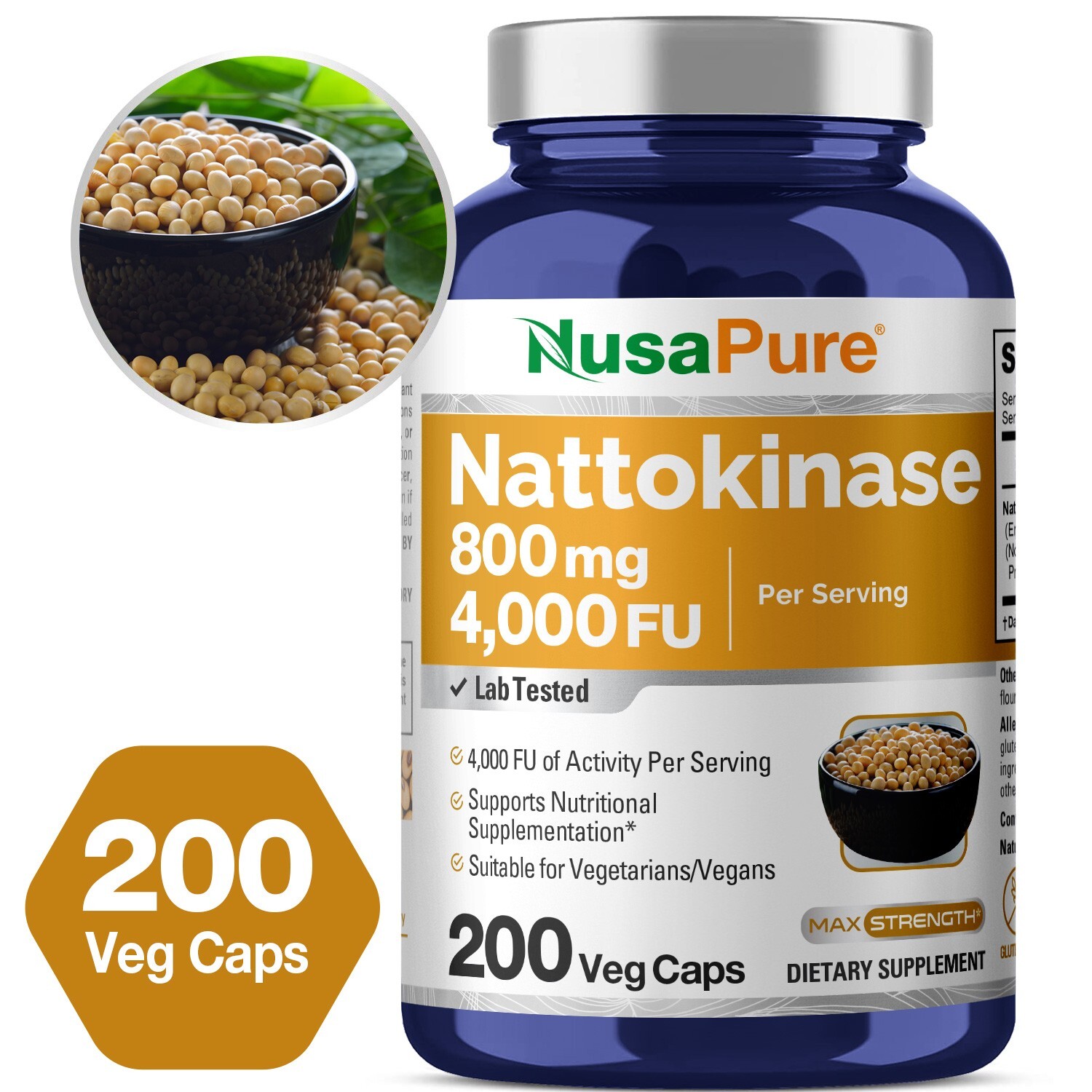 NusaPure Nattokinase 4000 FU 200 Veggie Capsules (Non-GMO & Gluten Free)