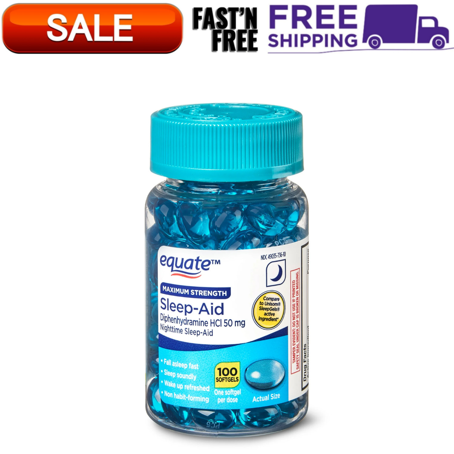 Equate Maximum Strength Diphenhydramine HCL Sleep-Aid Softgels, 50 Mg, 100 Count