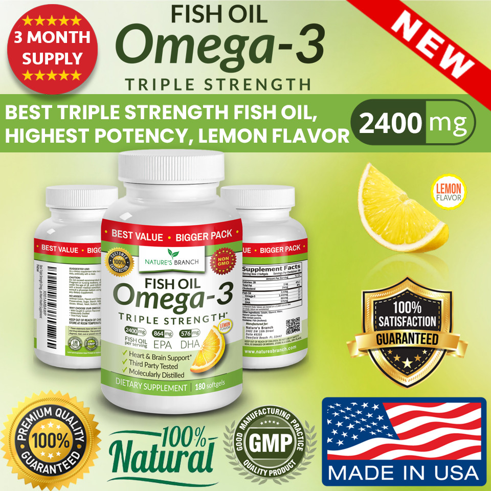 BEST Triple Strength Omega 3 Fish Oil Pills (3 MONTH SUPPLY) 2400mg HIGH POTENCY