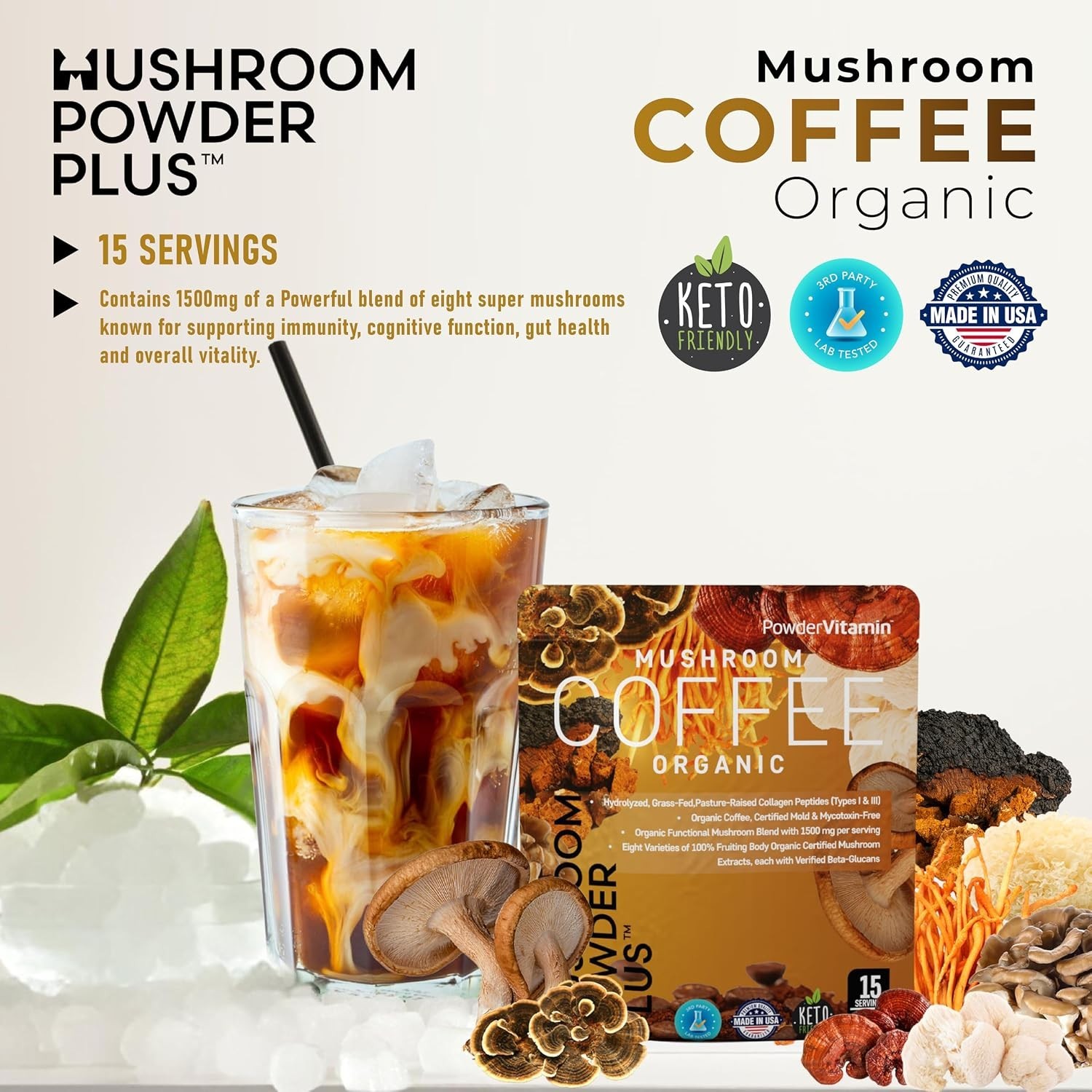 PowderVitamin Organic Mushroom Coffee Certified Mold & Mycotoxin-Free GrassFed