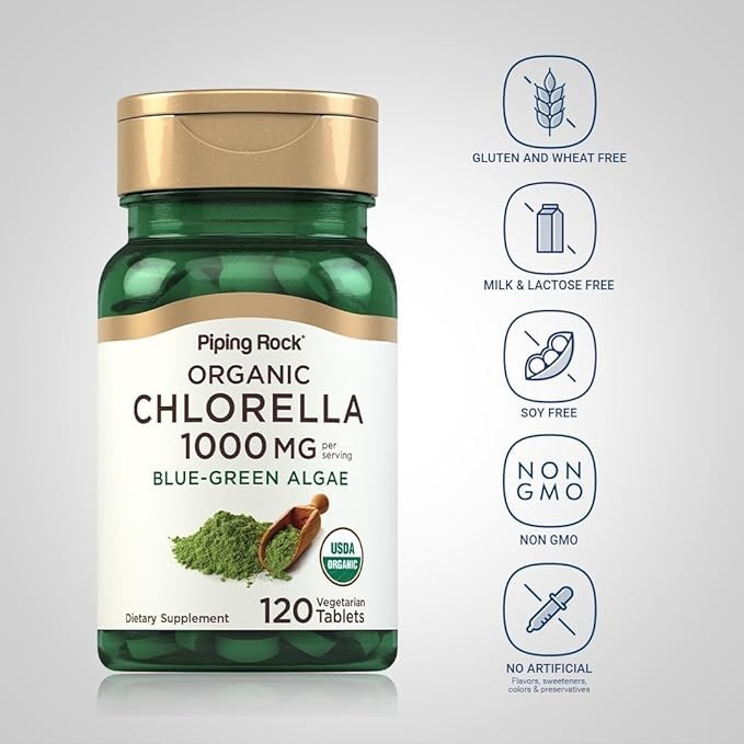 Organic Chlorella Tablets | 120 Count | 1000 mg | Non-GMO | by Piping Rock
