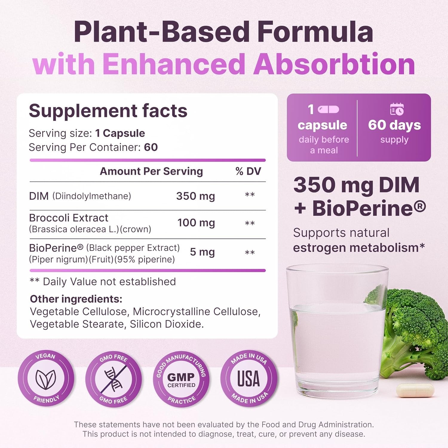 Phytochoice DIM (Diindolylmethane) 350mg w/ Bioperine & Brocolli Extract 60 Days