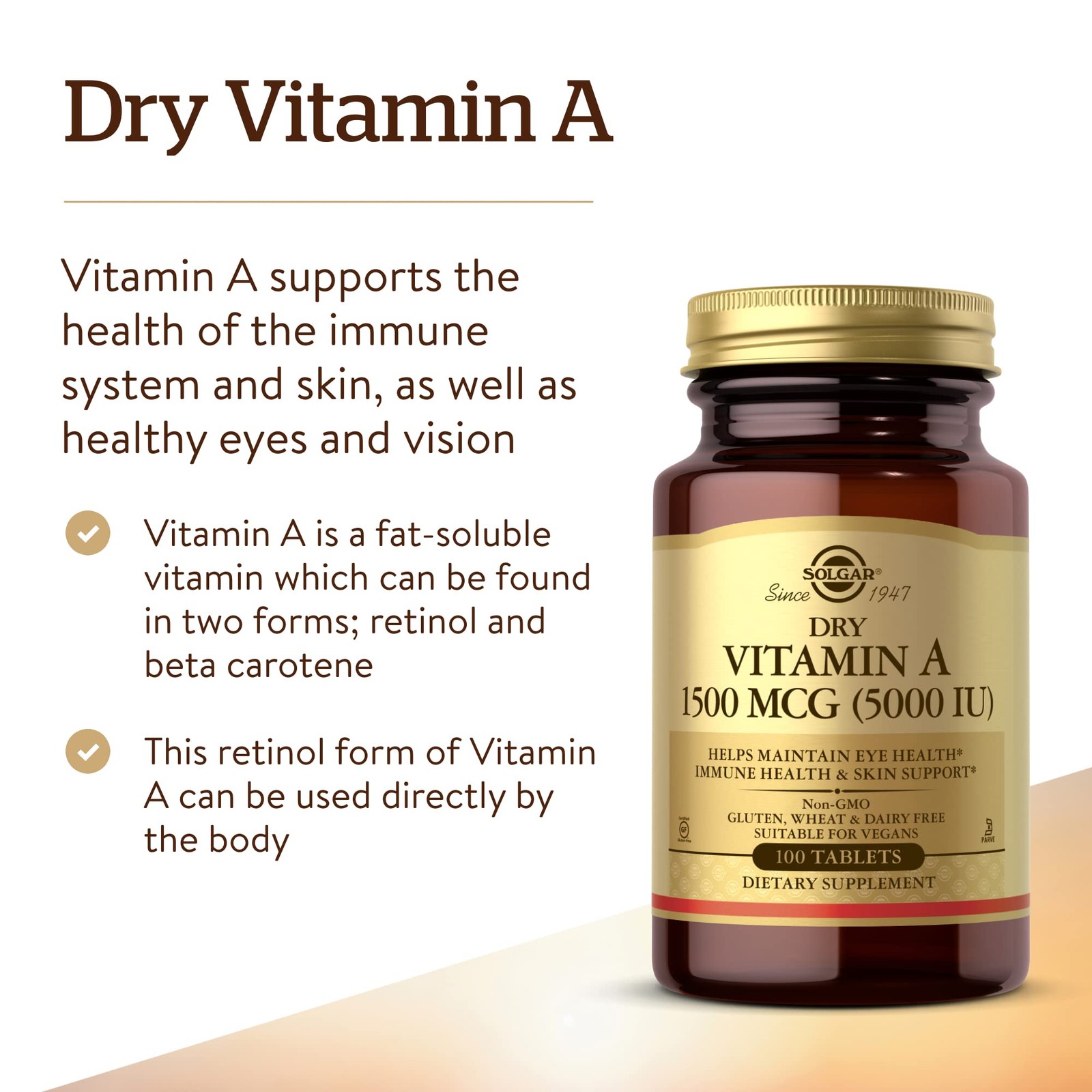 Solgar Dry Vitamin A 100 Count Oil Free Non GMO Vegan Immune Skin Eyes Health