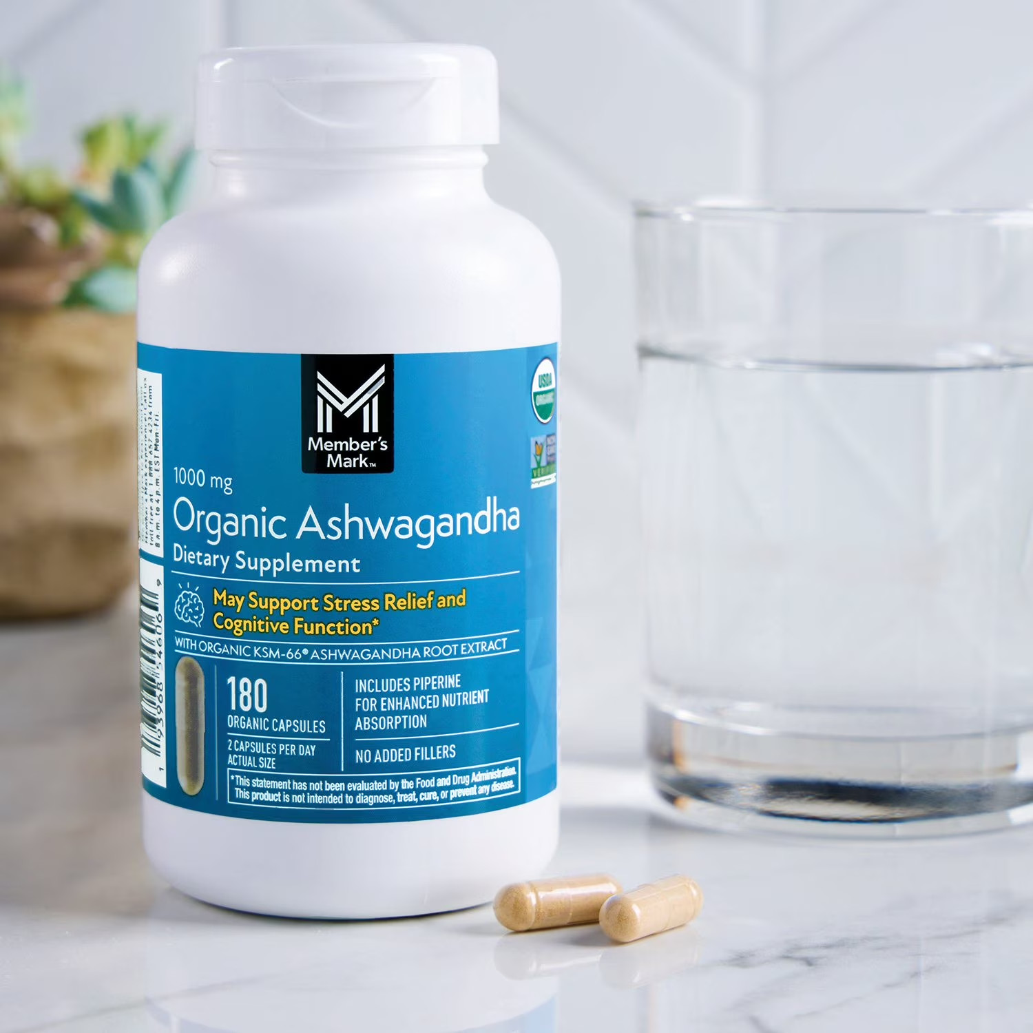 Member’s Mark Organic Ashwagandha 1000 mg Vegetarian Capsules, 180 ct., 03/2028