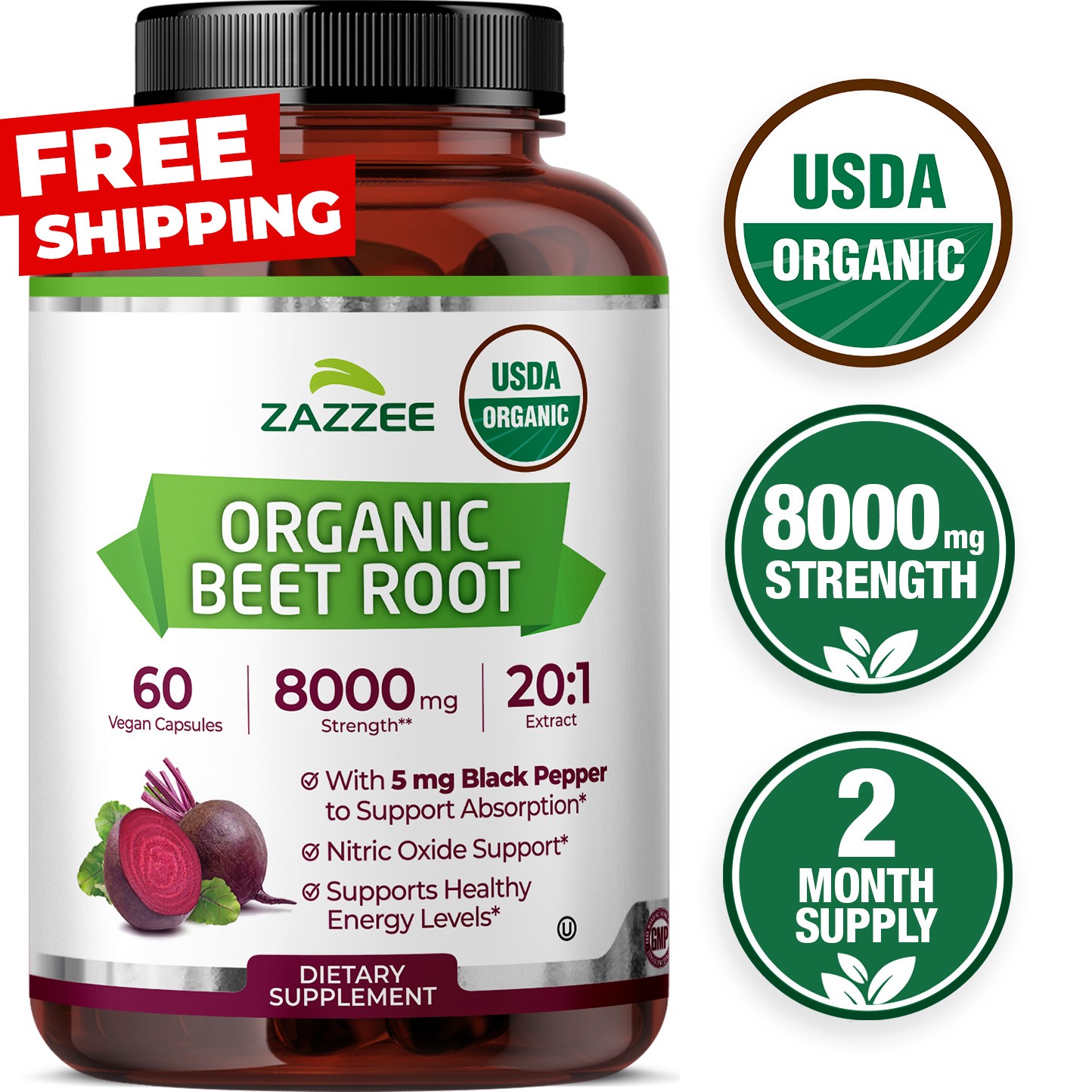 USDA Organic Beet Root 8000 mg Strength 20:1 Extract, 60 Vegan Capsules, Kosher