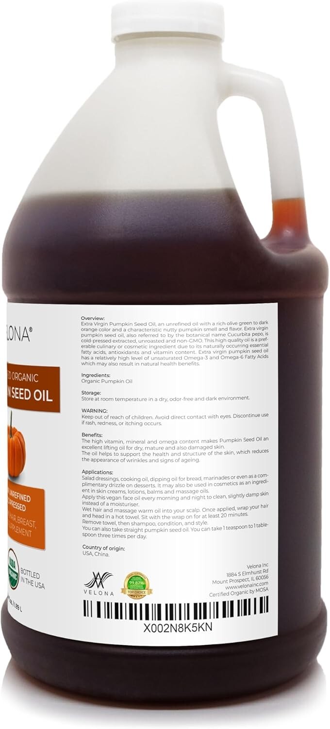 Pumpkin Seed Oil USDA Certified Organic – 64 fl oz | 100% Pure and Natural Ca…