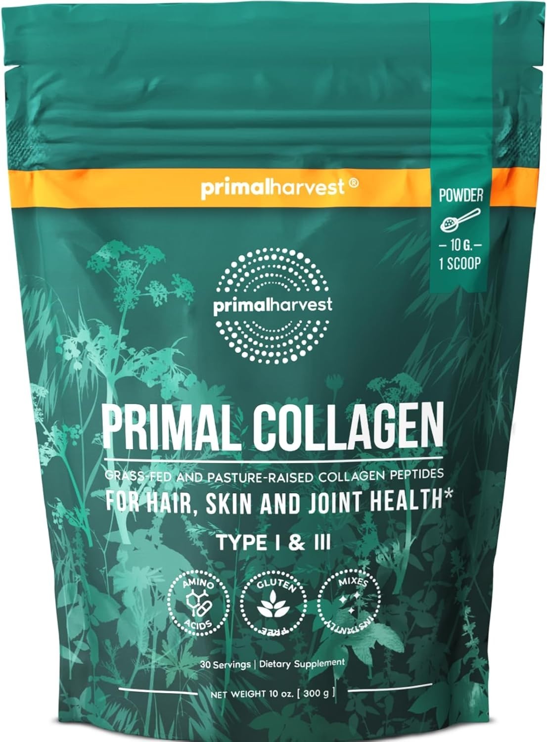 Primal Harvest Collagen Peptides Powder 10 oz Type I III Hair Skin Nails