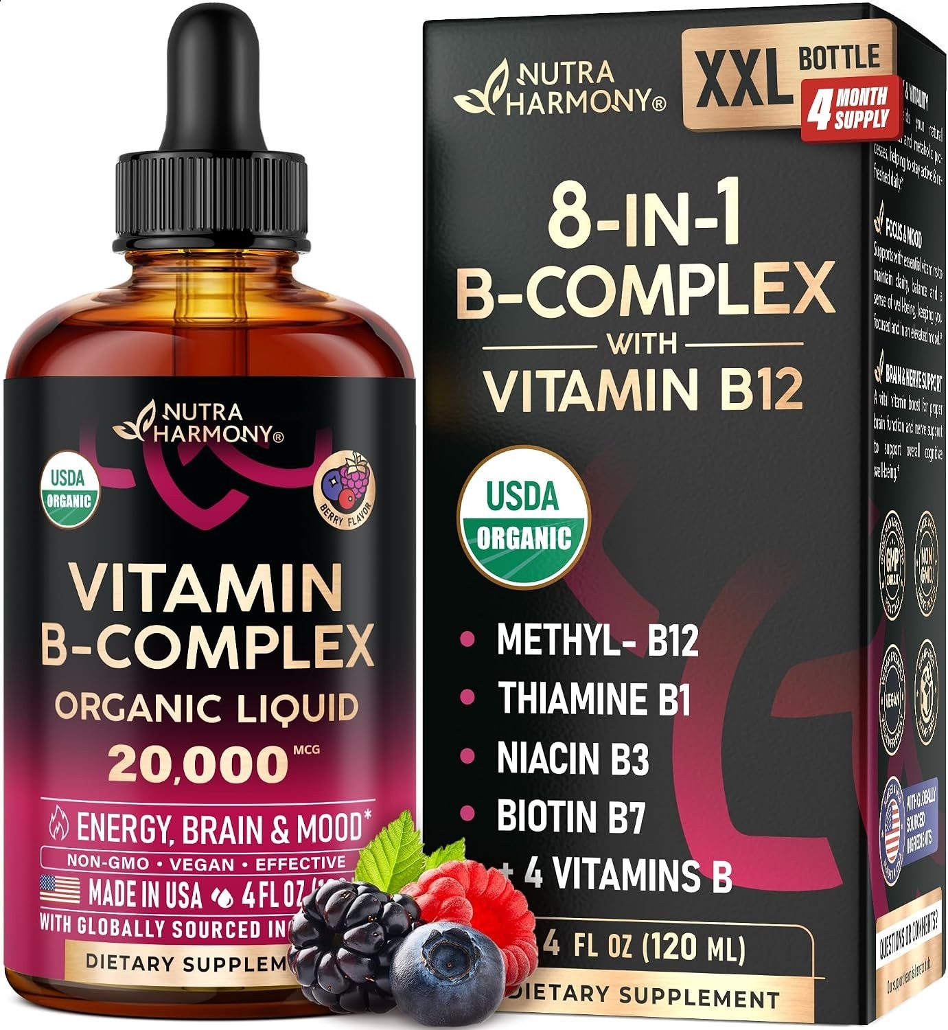 Organic Vitamin B Complex Liquid Drops – B1, B2, B3, B5, B6, B7, B8, B9, B12 4oz