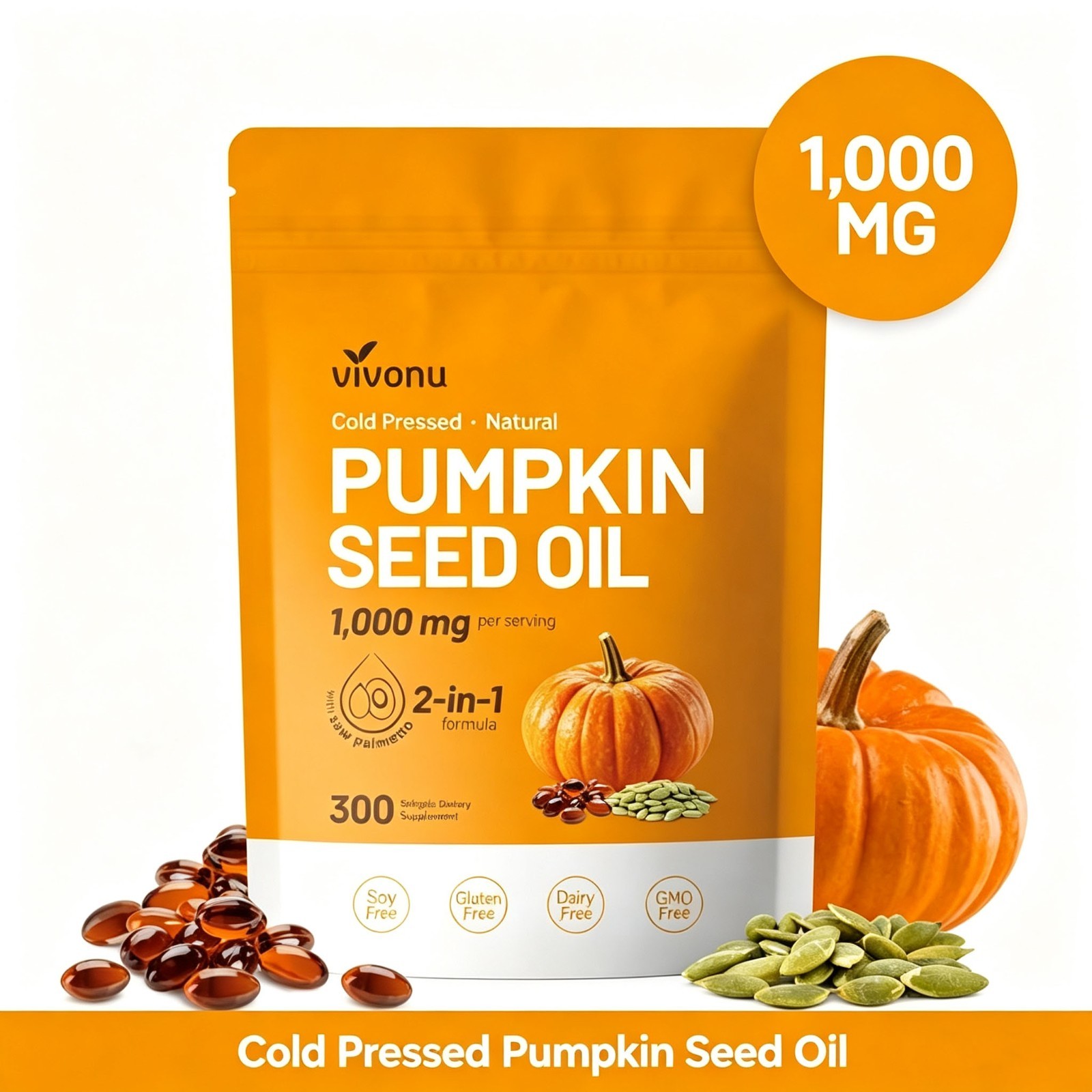 Natural Pumpkin Seed Oil Saw Palmetto Softgels 1000mg 300ct Daily Wellness Blend