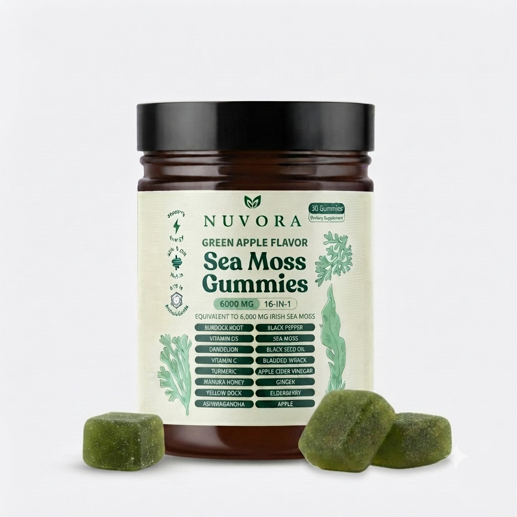 16-in-1 Irish Sea Moss Gummies 6000mg Green Apple Wellness Supplement 30 Ct