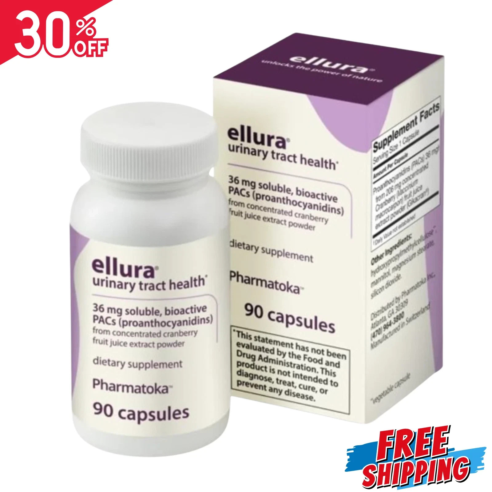 Ellura 36mg Cranberry Capsules 90ct – UTI Support Supplement – Urinary Health