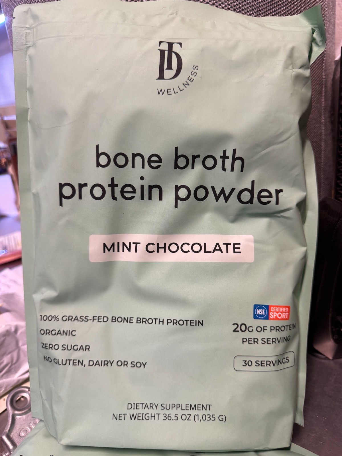 36.5oz TD Wellness Mint Chocolate Bone Broth Protein Powder 100% Grass Fed 20g