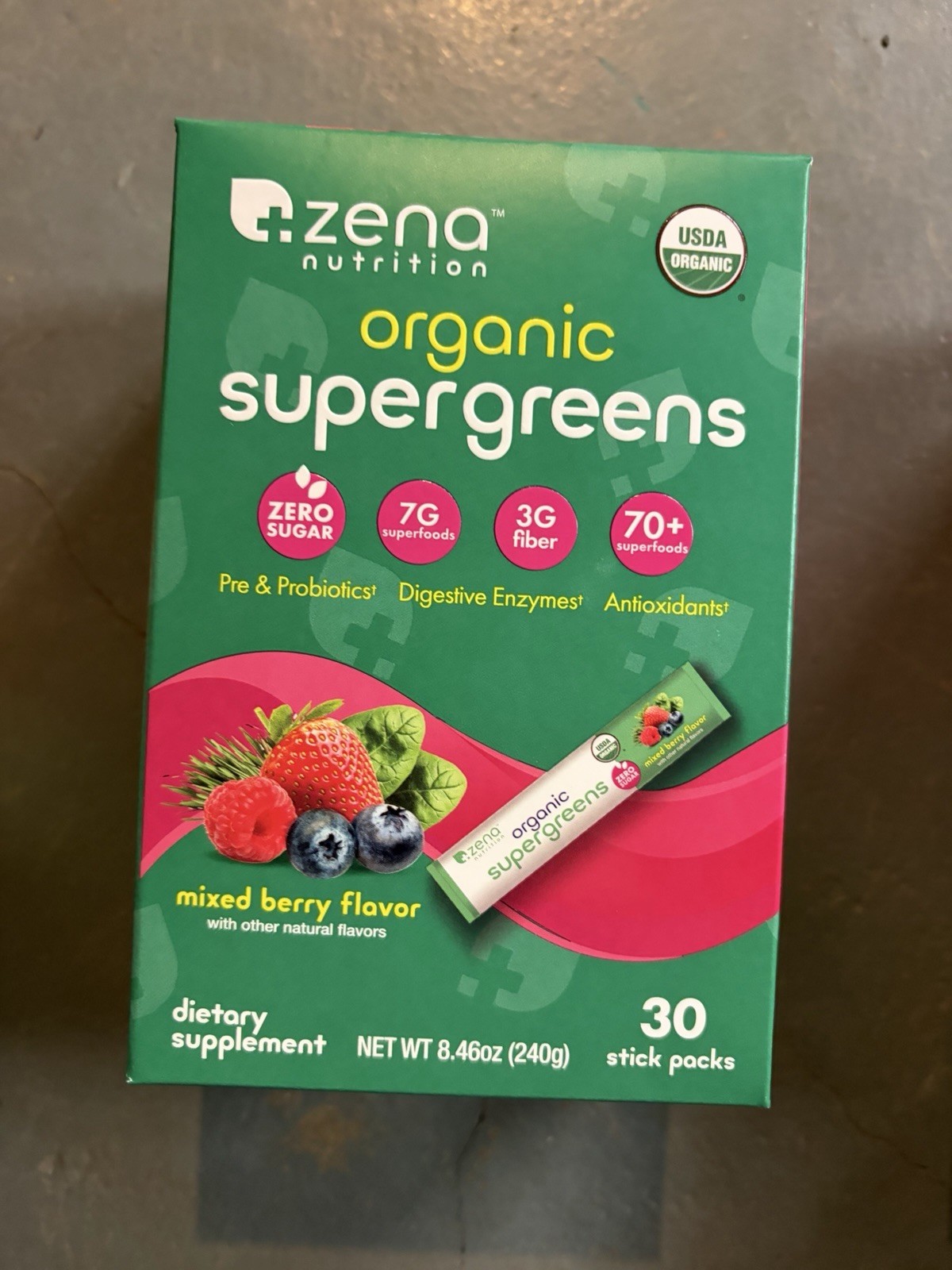 USDA Organic Supergreens Powder Fruits Vegetables, 30 Stick Packs, Berry Flavor