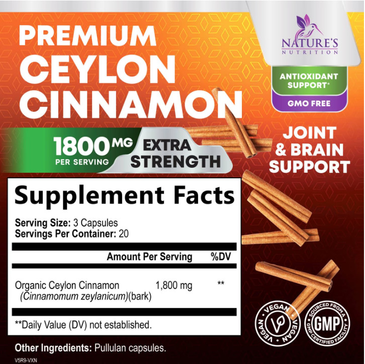 ( 2 pack ) Organic Ceylon Cinnamon 1800mg Certified Supplement Capsules