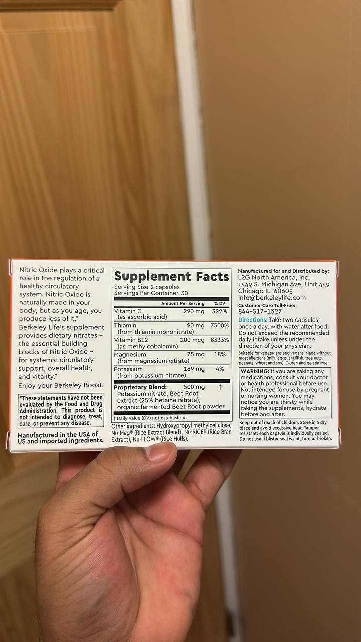 Berkeley Life Nitric Oxide 60 capsules exp 07/2027