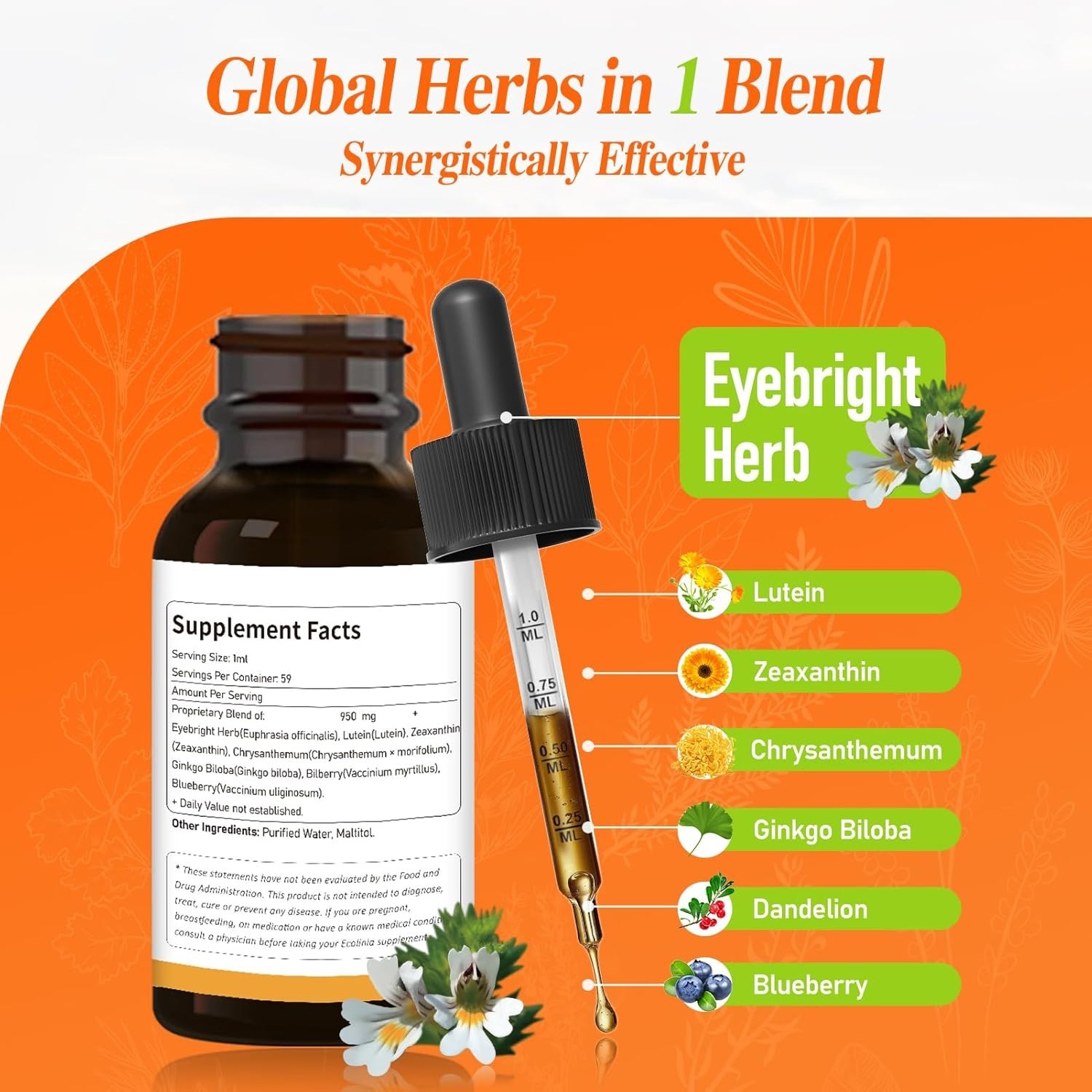 Natural Eye Care Drops w/Lutein, Zeaxanthin & Eyebright 2 oz – Herbal Formula