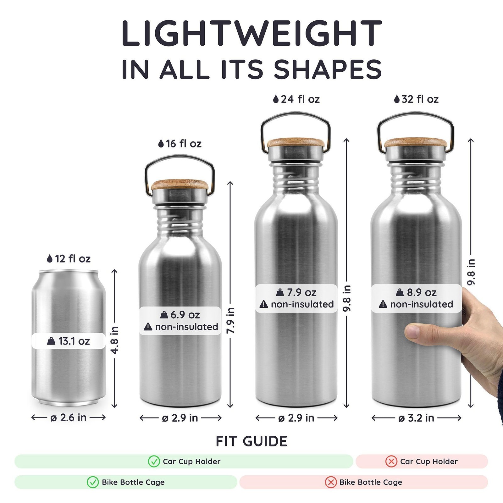 Bambaw Stainless Steel Water Bottles 32 oz, Non-insulated 32 Silver