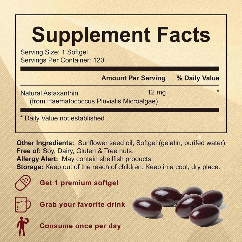 Astaxanthin 12mg Antioxidant Supplements latest Microalgae Eye Joint Skin Health