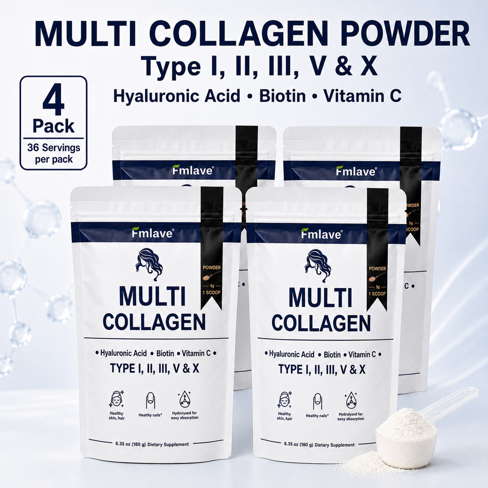 4x Multi Collagen Powder 1500mg – with Biotin Hyaluronic Acid Vit C 144 Servings