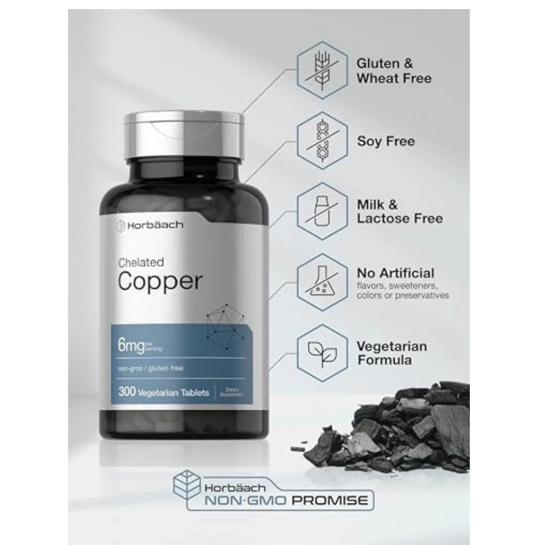 Chelated Copper | 6 mg | 300 Tablets | Vegetarian, Non-GMO | by Horbaach