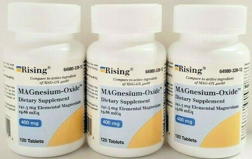 Rising Pharmaceuticals Magnesium Oxide 400mg 120ct White Tabs -3 Pack 7/25