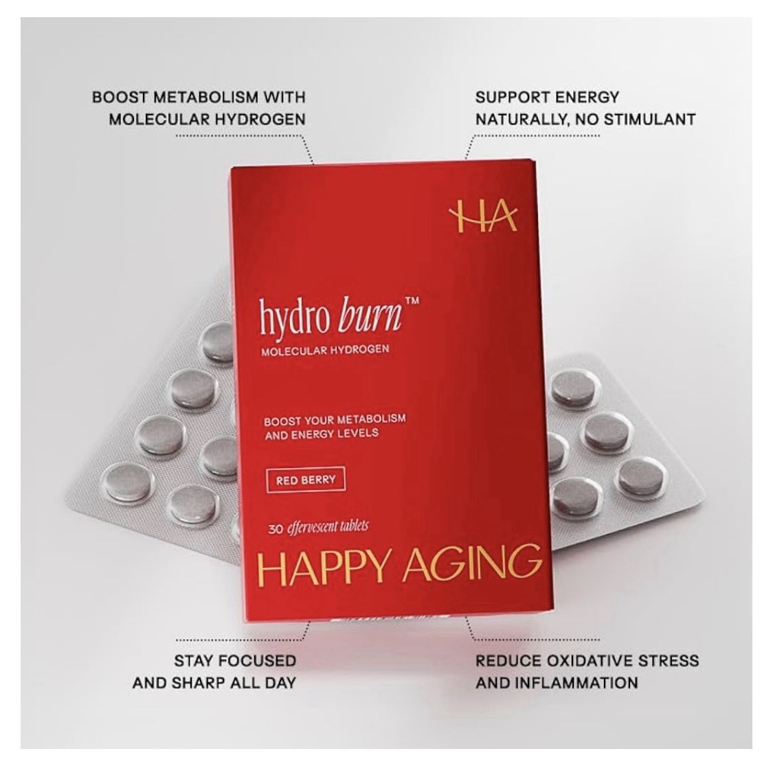 Happy Aging Hydro Burn Molecular Hydrogen 30Tablets for Water – magnesium berry