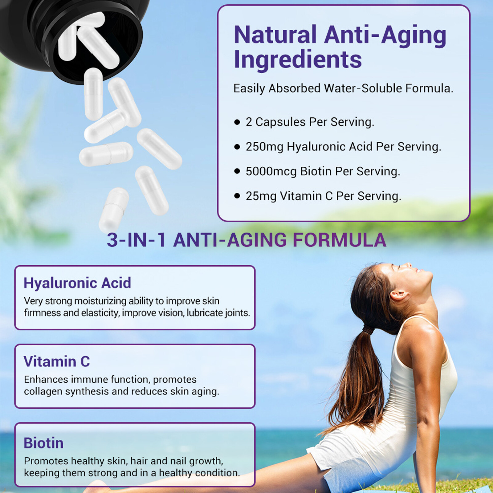 Hyaluronic Acid Supplements + Vitamin C Biotin 240 Capsules 250mg Skin Hydration