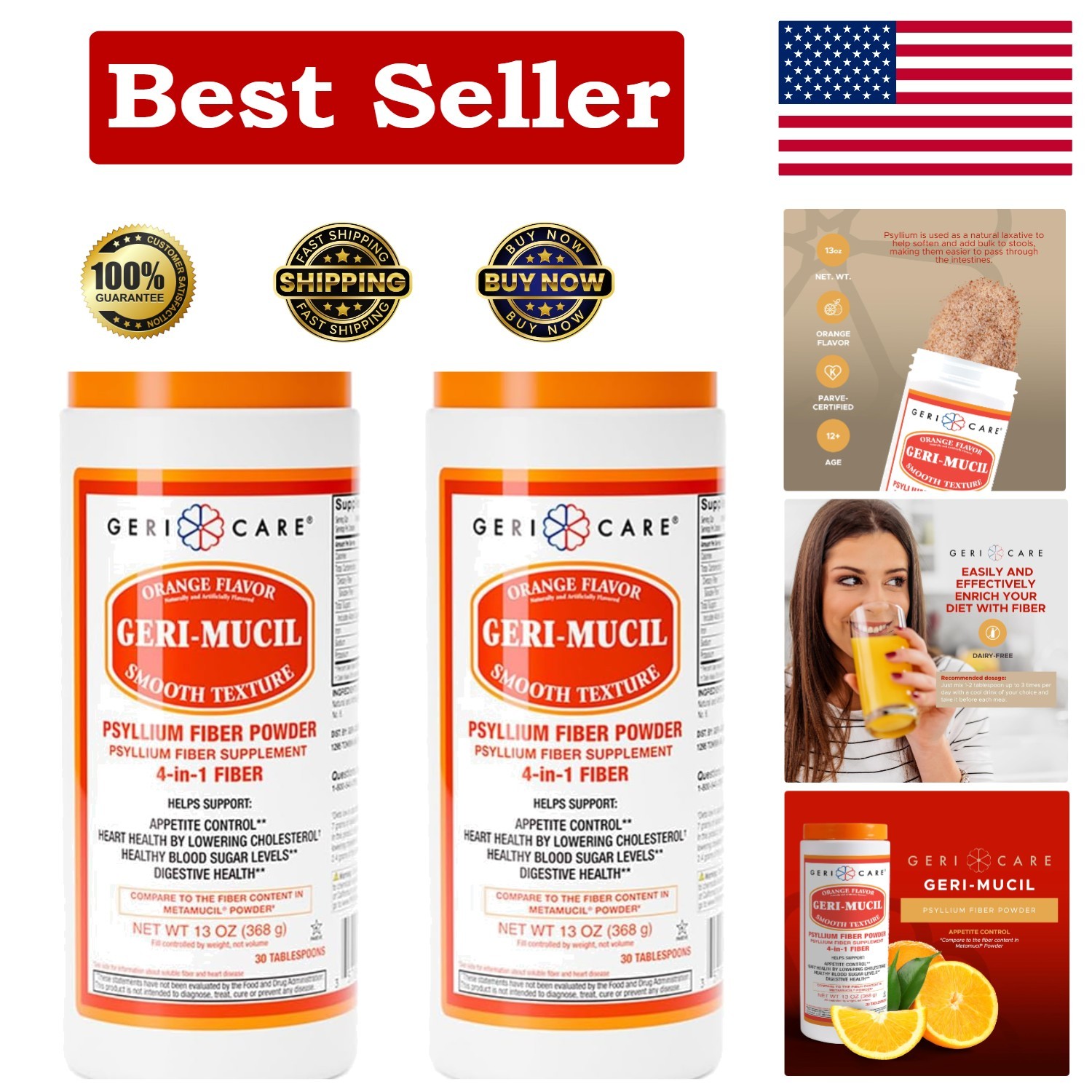 Geri-Mucil Psyllium Husk Powder – 4-in-1 Orange Fiber Supplement, 13oz (2 Pack)