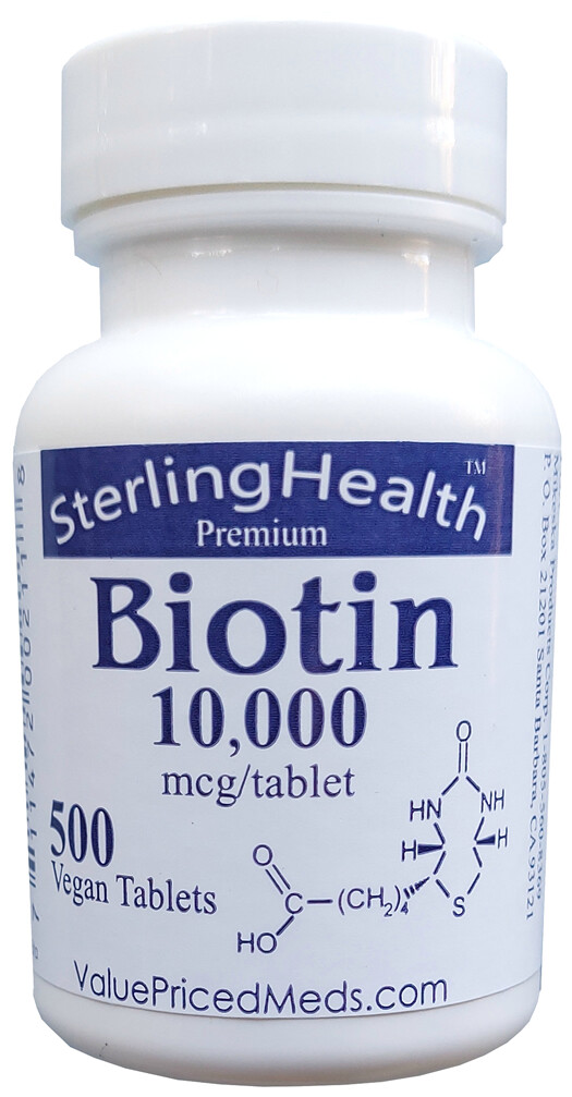 Biotin 10000 mcg, 500 tablet bottle, or 1 (one) tablet sample pack, biotin 10mg