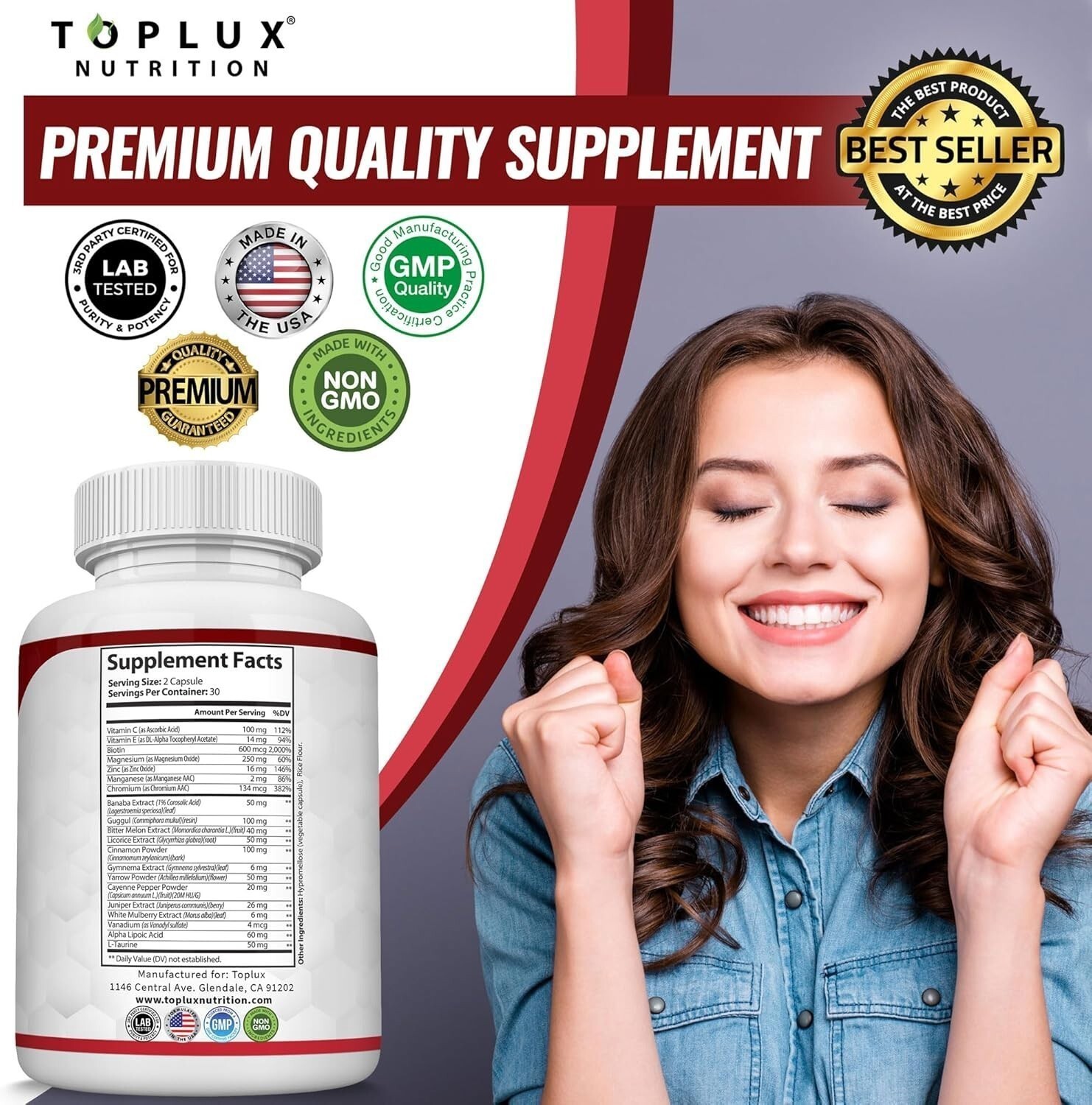 Toplux Premium Blood Sugar Complex Supplement Supports Healthy Blood Sugar Level