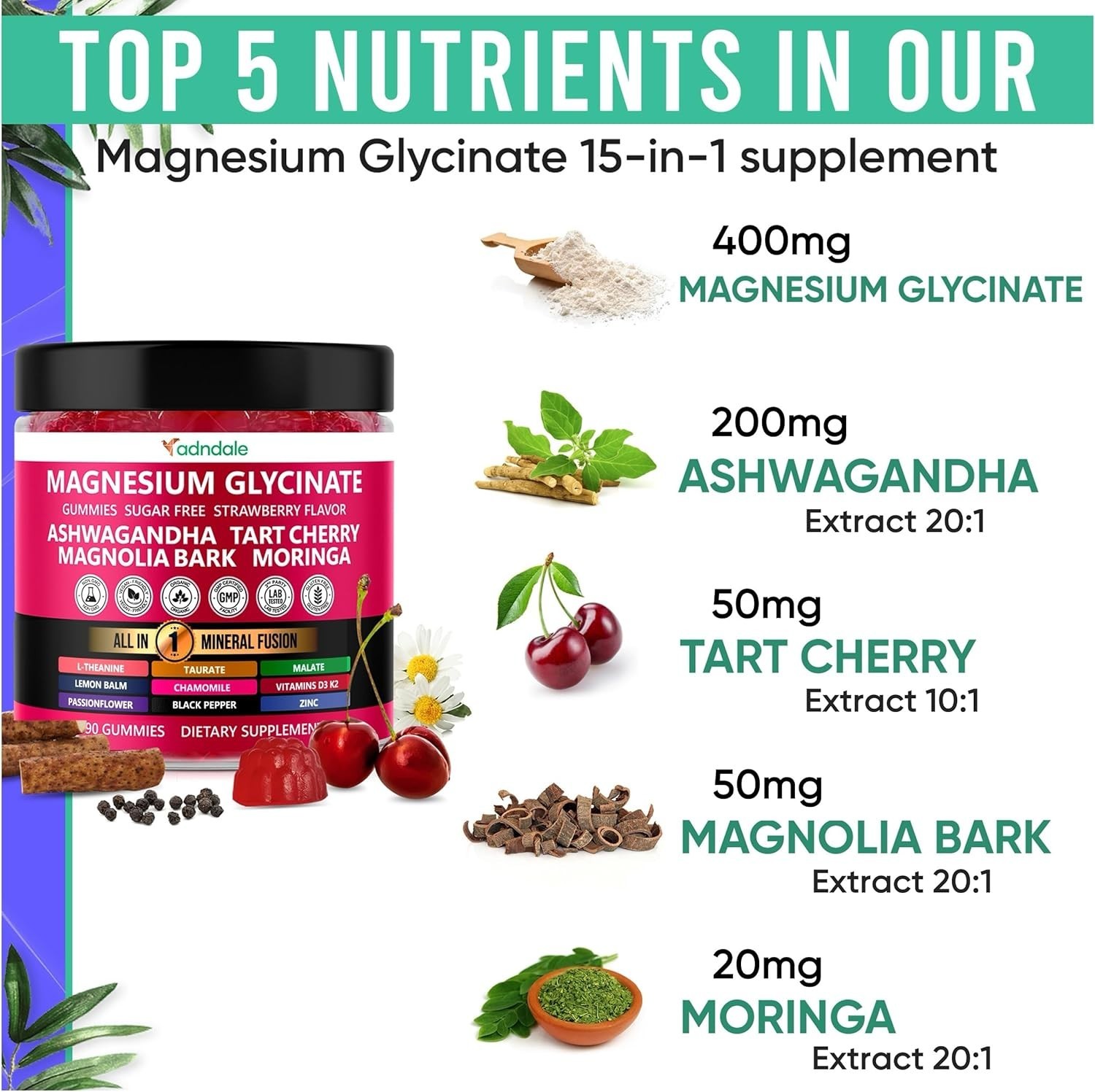 Adndale Magnesium Glycinate Gummies 400mg With Ashwagandha Sugar Free 180 Ct