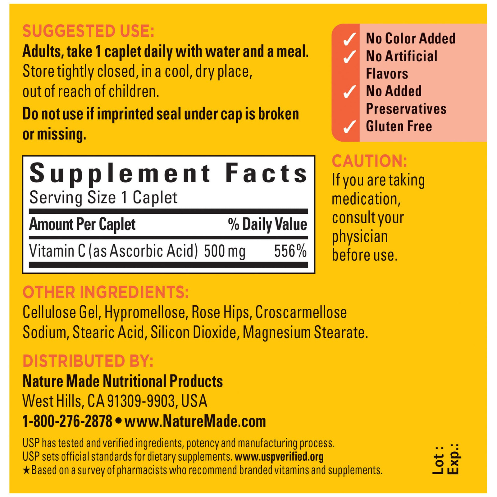 Nature Made Vitamin C 500mg with Rose Hips 130 Caplets Immune Support