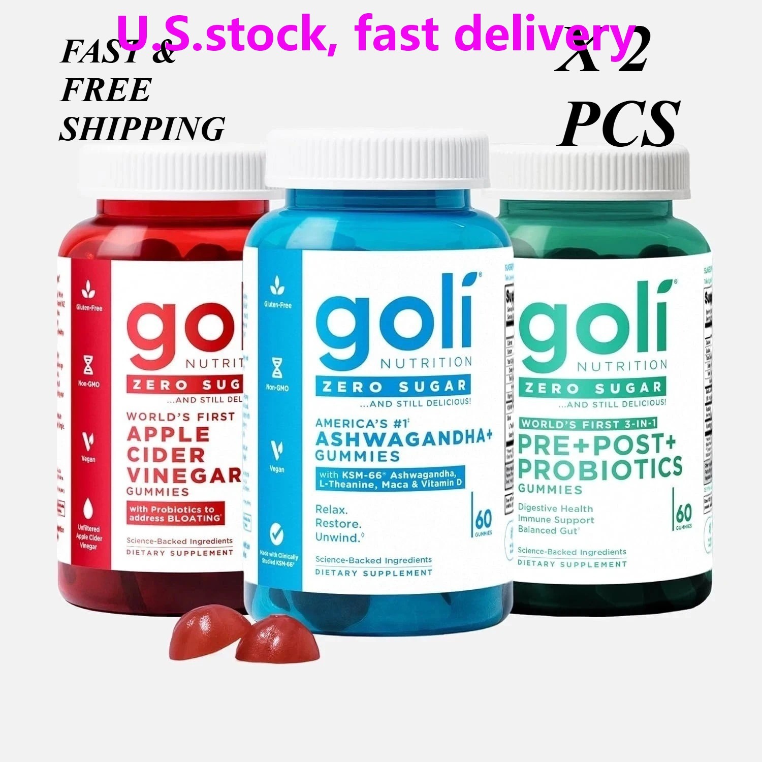 2 SETS- 3 Bottles Goli Zero Sugar Best Seller Trio Set Gummies 60Caps Per Bottle