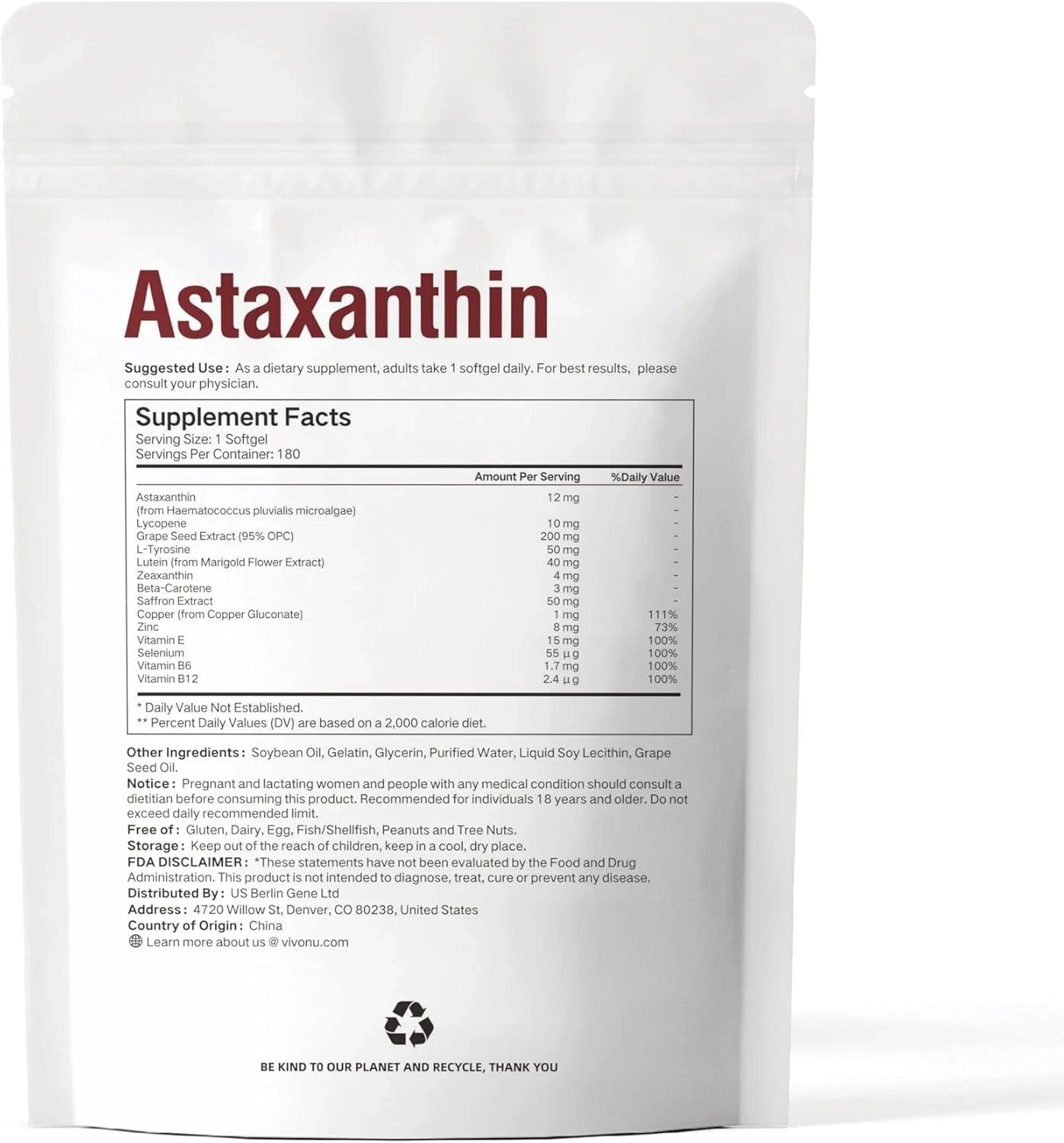 VivoNu 14-in-1 Astaxanthin 12mg & Lutein 40mg with Zeaxanthin Supplements, 6 Mon