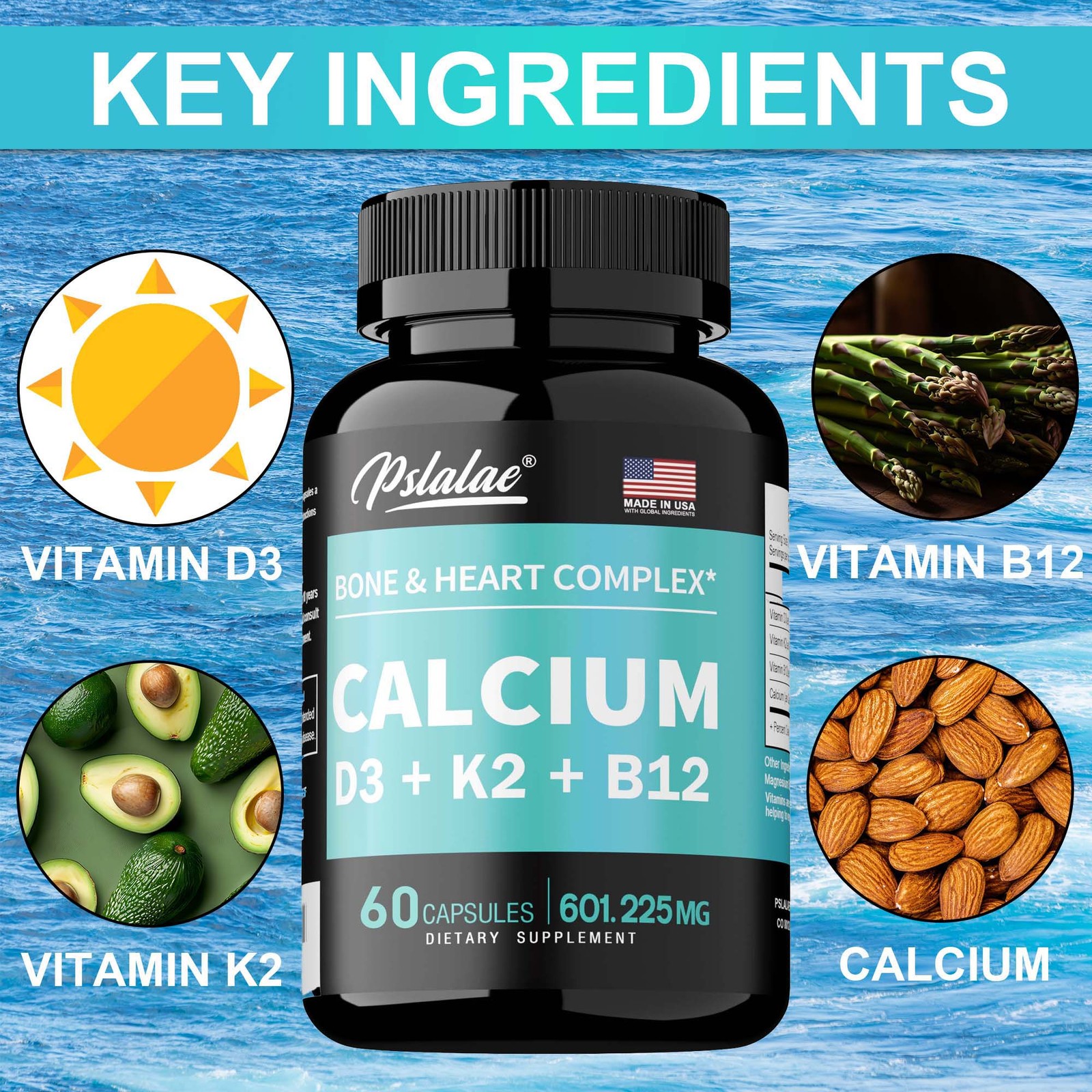 Calcium 60pcs – Strong Bones, Joint Health, Immune Support-w/Vitamin D3, K2, B12