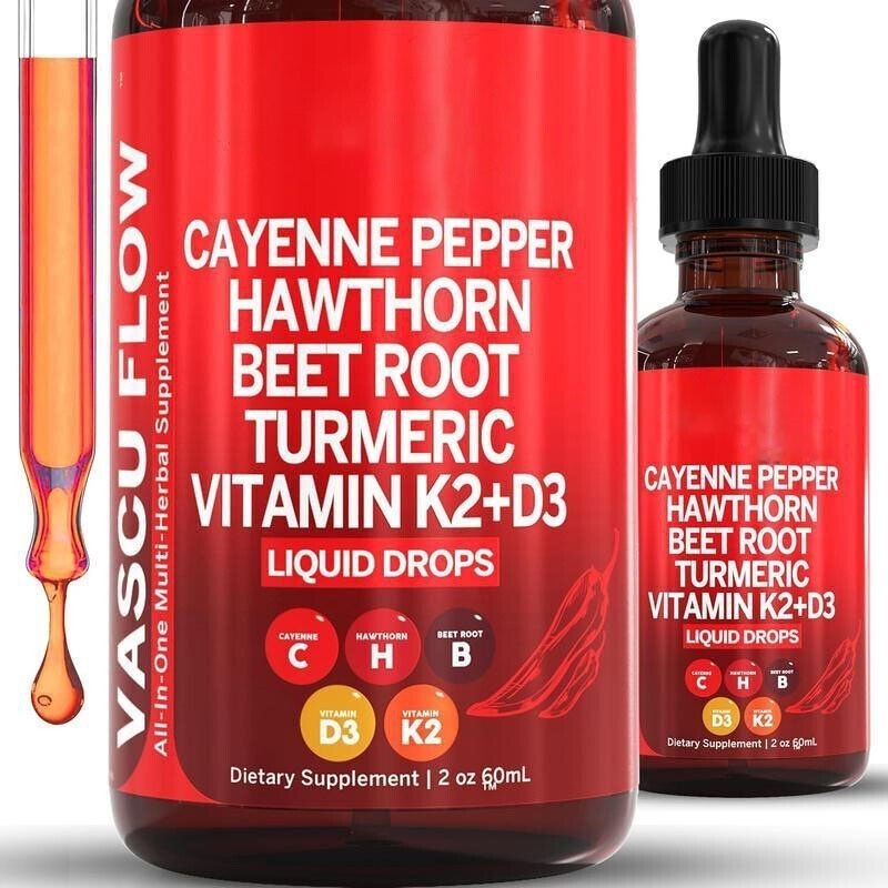 Vascu Flow Cayenne Pepper Hawthorn Beet Root Turmeric Vitamin Liquid Drops 60ML