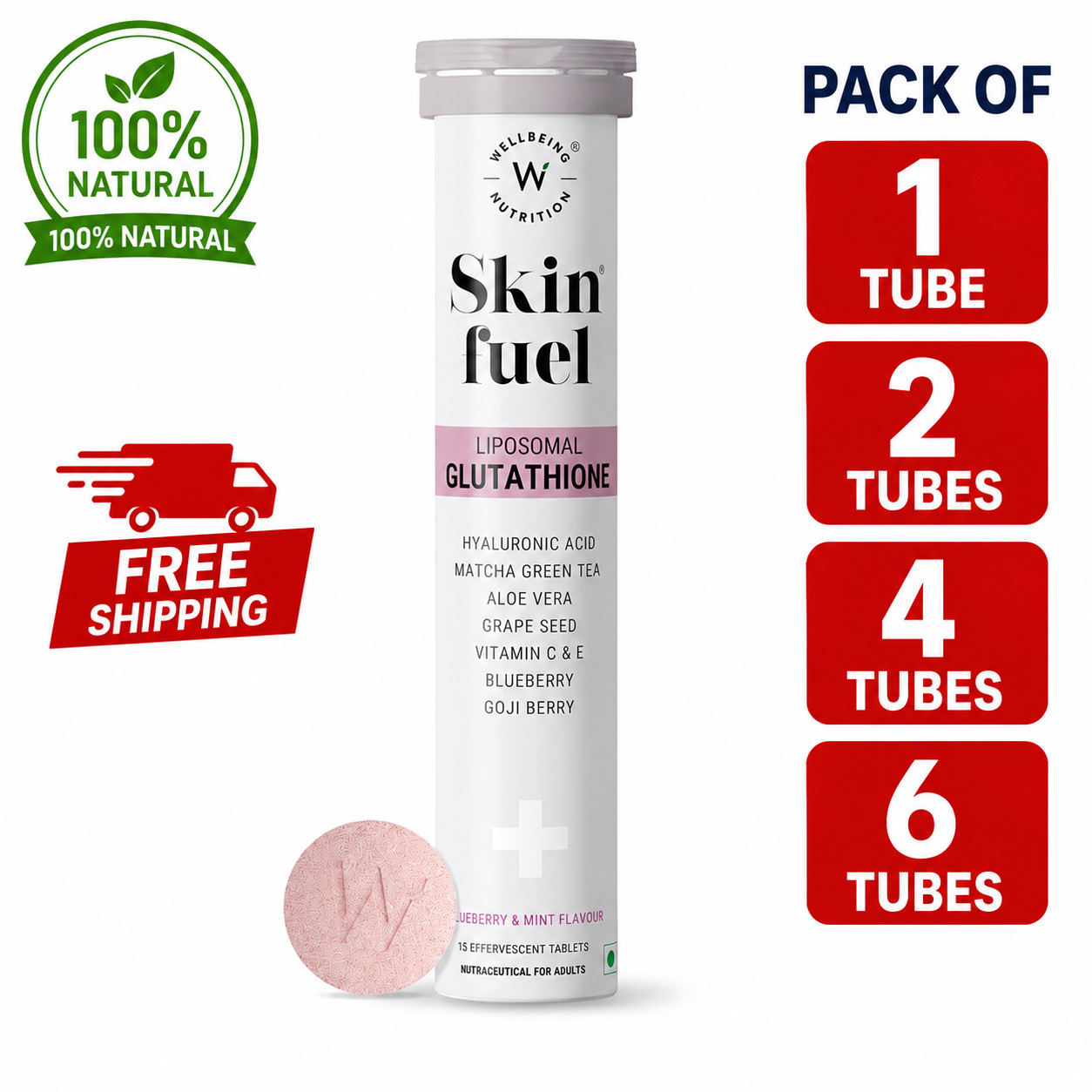 Wellbeing Nutrition Skin Fuel Liposomal Glutathione 90% 15 Veg Tabs each Pack