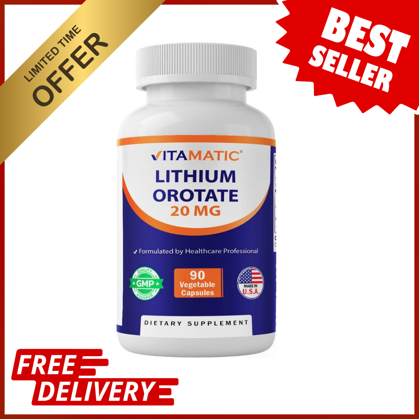 Lithium Orotate 20mg 90 Caps- Veggie Caps, Non-GMO, Gluten Free Vitamatic